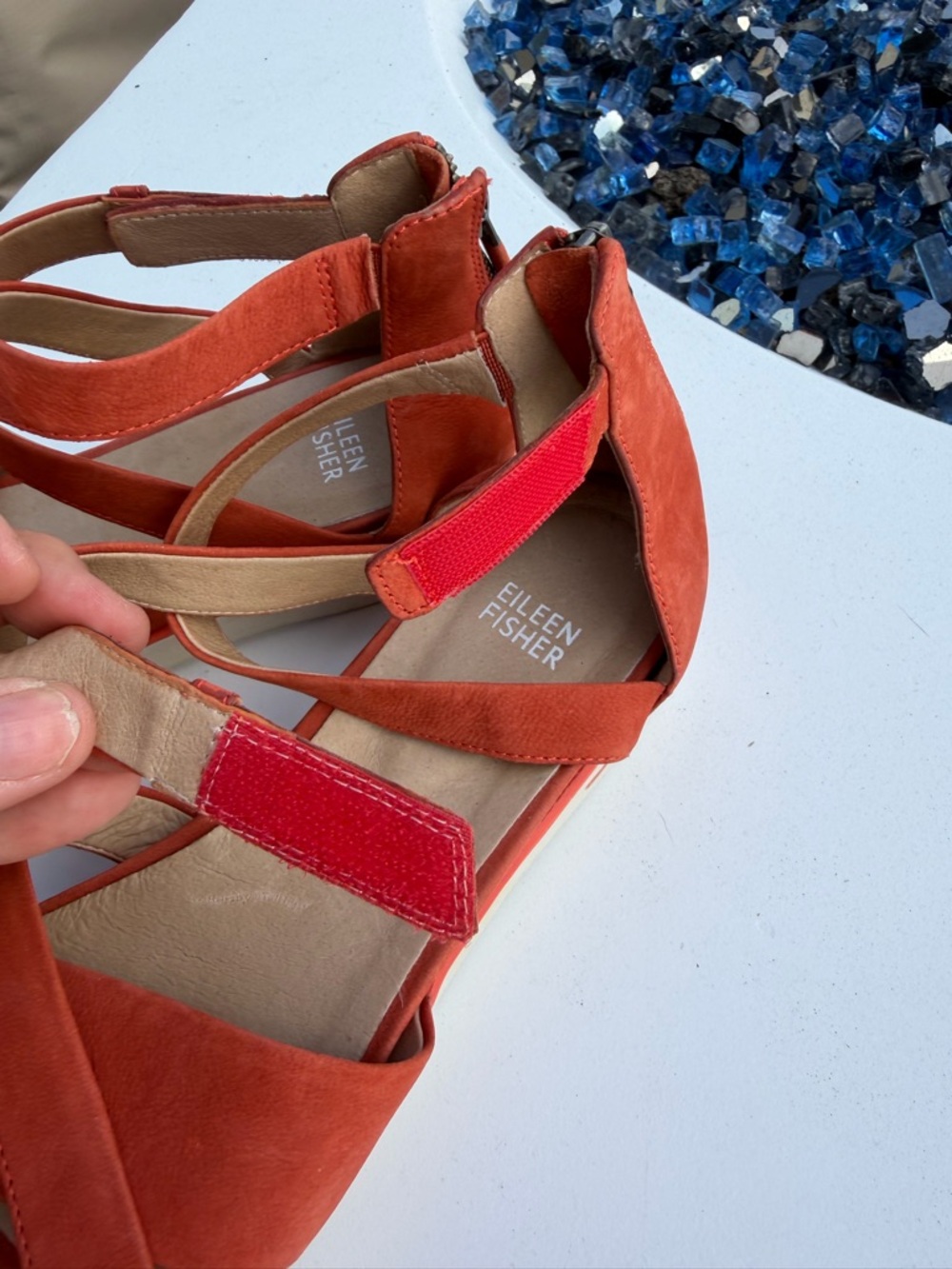 Eileen Fisher Rust Orange Suede Strappy Ankle Sandals - Picture 6 of 13